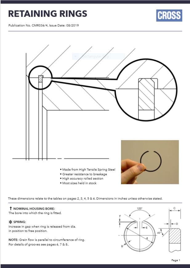 Cross Manufacturing Retaining Rings Data Sheet